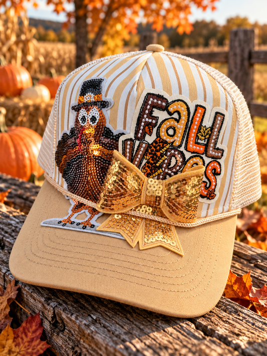 Fall Vibes Sequin Turkey Trucker Hat